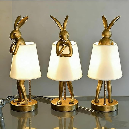 YHT Bunny Table Lamp, Cute Animal Rabbit Lamp,Bunny Lamps,15.7" Vintage LED Desk Light with Linen Lampshade,Gold Main Part Beside Lamp for Bedroom, Study Room, Office, Nursery, Home Decor (White)