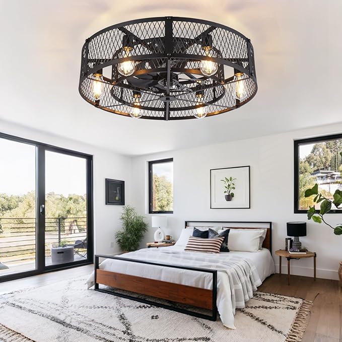 Depuley Low Profile Ceiling Fan: 26" Flush Mount Ceiling Fan Lights Reversible - Industrial Caged Ceiling Fans Light Fixture 6 Speeds for Bedroom Kitchen Black E26 Base Bulbs Not Included