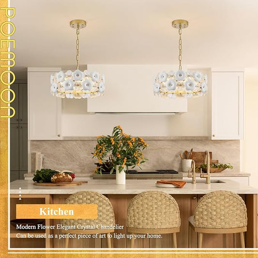 Flower Elegant Glass Chandeliers 4-Lights Modern Gold 14" Pendant Light Fixture for Kitchen Island Dining Room Bedroom Entryway Hallway, G9