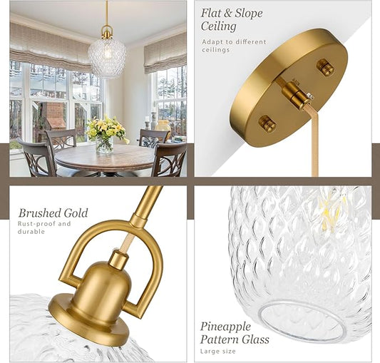 Brushed Gold Pendant Lights Kitchen Island, 10" Large Glass Pendant Light with Hammered Glass, Modern Hanging Lighting Fixtures for Kitchen Island Dining Room Entryway Foyer