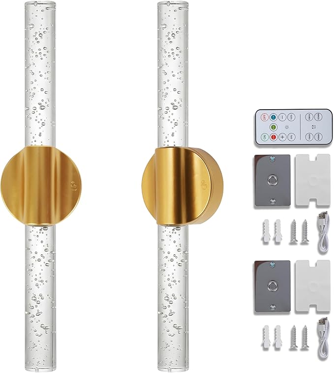 Battery Operated Wall Sconces Set of 2, Rechargeable Wall Lights with Remote Control & Dimmable, Wireless Wall Lamp Fixtures Not Hardwired for Bedroom Living Room Hallway (5400mAh, Gold)