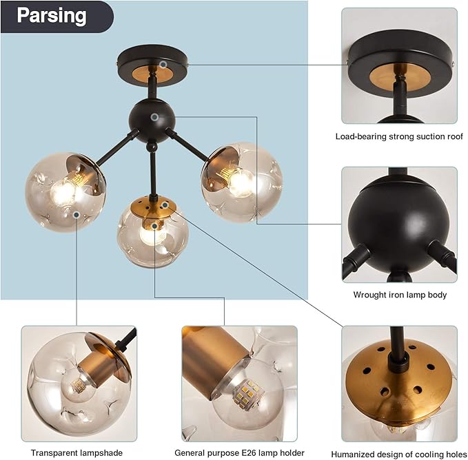 3-Light Chandelier ,Vintage Semi Flush Mount Ceiling Light Fixture with Glass Globe, Black Ceiling Light for Hallway Stairway Porch Entryway Kitchen Bedroom Laundry Farmhouse..