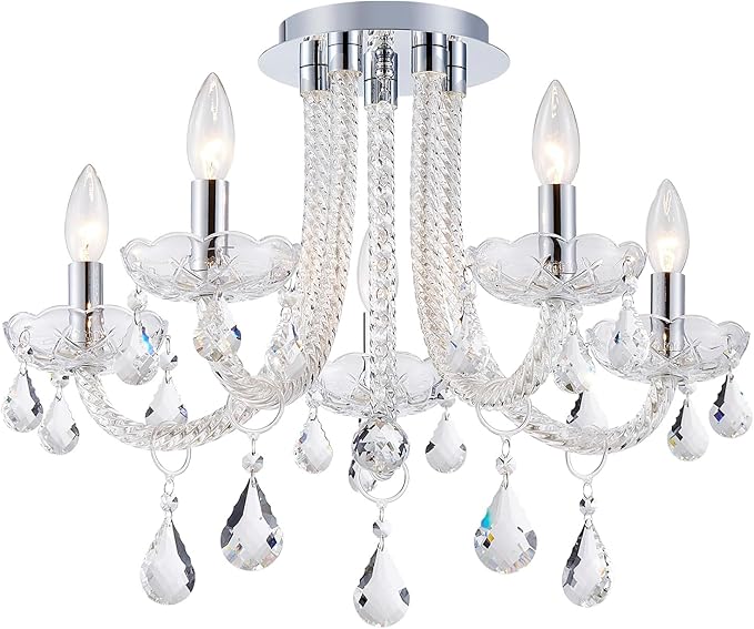 French K9 Crystal Maria Theresa Candle Chandelier, Luxury Vintage Pendant Light Fixture for Dining Room, Living Room, 5 Lights, D22.4*H15.7 inch, Clear Crystal & Chrome Finish Frame