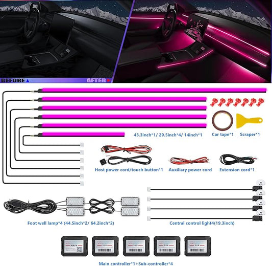 Acrylic Interior Car LED Strip Light with Wireless APP, RGB 14 in 1 with 175 inches 600 LEDs Fiber Optic Strip Lights for Car, Dynamic Chasing Sound Active Neon Car Ambient Lighting Kits