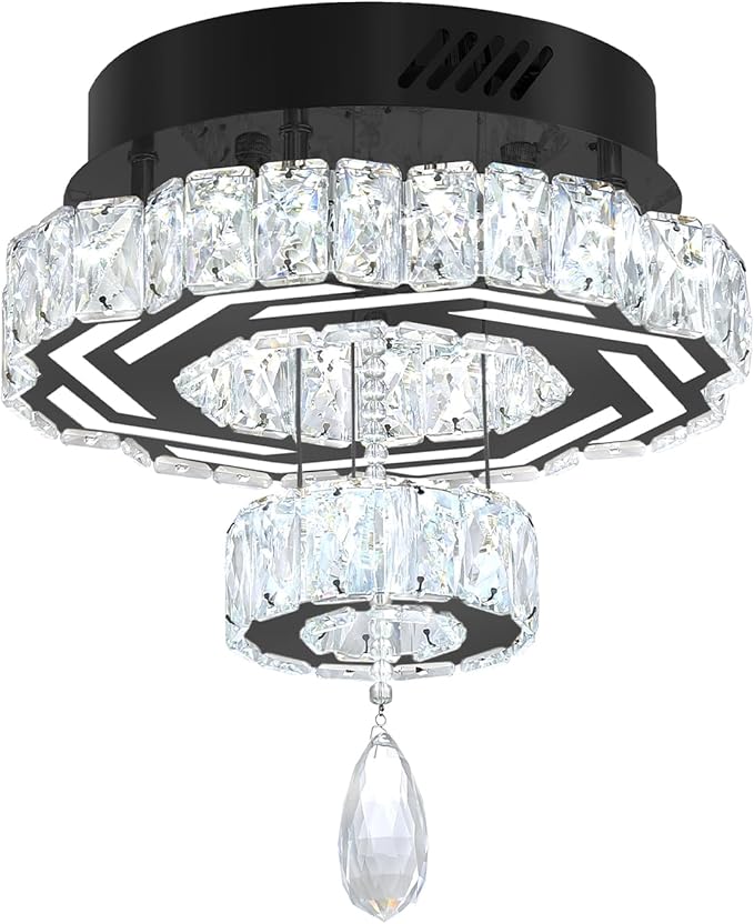 Flashing God 12" Modern Crystal Chandeliers Black Flush Mount Ceiling Chandelier Mini Chandelier for Hallway LED Dimmable Crystal Pendant Light for Dining Room Living Room Bedroom