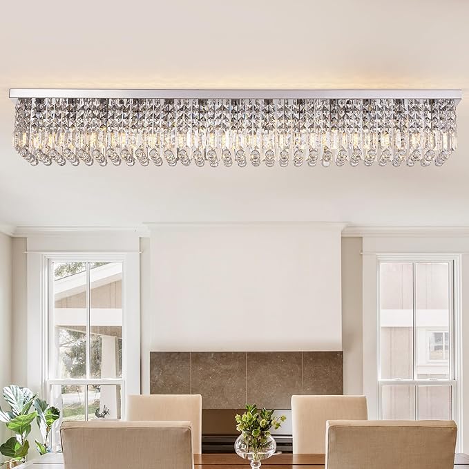 Large Modern Crystal Chandeliers for Dining Room Light Fixture, 13-Light Rectangle Chandelier Ceiling Light for Kitchen Island Living Room, L59 Inch, Chrome Finish