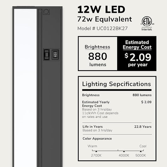 LAGOM Halo Under Cabinet Light, 22‑Inch Hardwired Dimmable LED, 2700K/4000K/5000K, Power Cord Sold Separately, Black, UC0122BK27