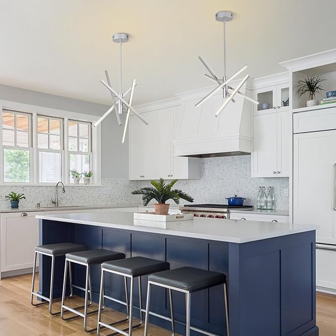 Modern Silver Chandelier Light Fixtures: LED 4-Light Sputnik Dining Room Chandeliers Silvery Linear Pendant Lights Fixture Over Table Dimmable with Remote for Kitchen Island Living Room