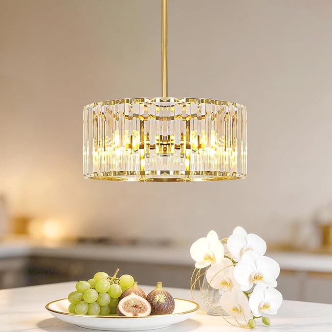 Gold Crystal Chandelier for Dining Room, 3-Light Modern Semi Flush Mount Ceiling Pendant Light Fixture, Round Pendant Lights Kitchen Island, Chandelier for Living Room Bedroom Hallway Entryway, E12