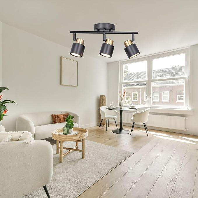 3 Light Track Lighting Kit, Matte Black Brass Finish 3 Way Adjustable with GU10 Modern Ceiling Directional Spot Lighting for Kitchen,Bedroom,Living Room