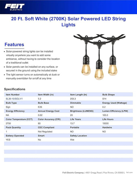 Feit Electric LED Solar Powered String Lights, Dusk-to-Dawn Sensor, 20ft Shatter Resistant Outdoor String Lights, Linkable, 2700K Warm White, 15,000-Hour Lifetime, SL20-10/SOL/V1, 11 Bulbs Included