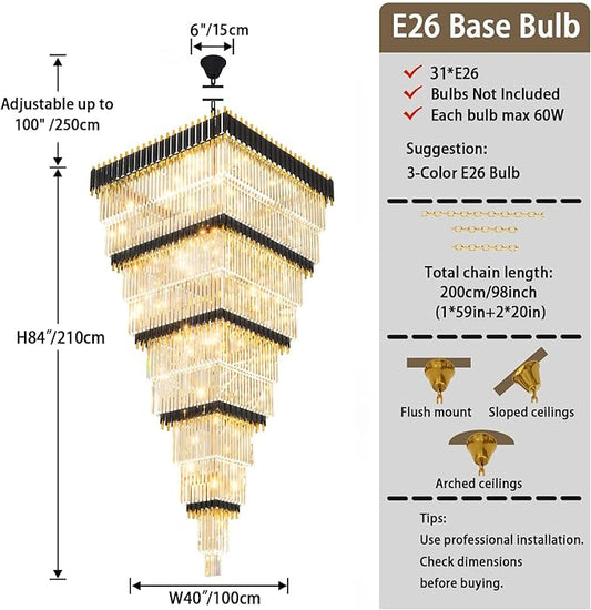 W40 x H120 Large Black Gold Chandeliers for High Ceiling, 37-Light Square Tiered K9 Crystal Raindrop Chandelier, Adjustable Height Luxury Pendant Light for Staircase, Villa Foyer, Entryway