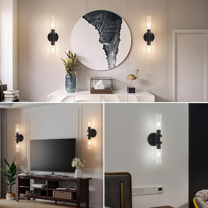 Battery Operated Wall Sconces Set of 2, 330° Rotation 3000K-6000K Dimmable Wireless Wall Sconce with Clear Glass Black 10400mAh USB Rechargeable Wall Lights with Remote Bulbs Included 2 Pack