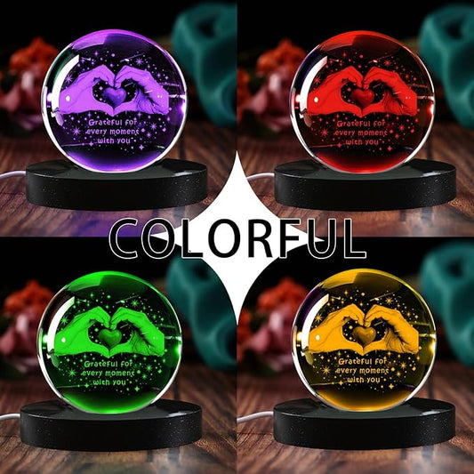 3D Heart Hand Crystal Ball Grateful Gifts for Women Mom Wife, Engraved Heart Hands 2.36" Glass Sphere Night Light for Mothers Day Gift Boyfriend Girlfriend Anniversary