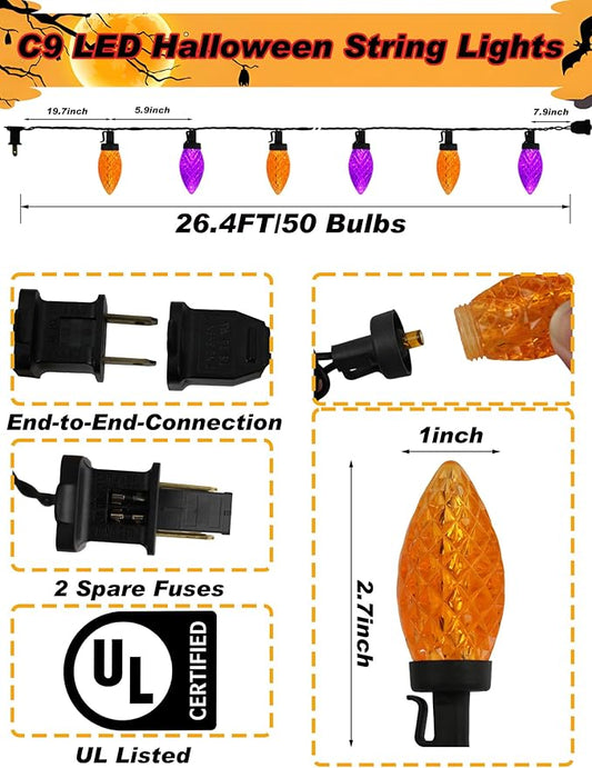 Halloween C9 String Lights Outdoor, 26.4Ft C9 Halloween Decorations Lights with 50 LED Orange and Purple Lights Waterproof, Hanging Plug in Lights String for Outside Holiday Party Patio Yard Decor