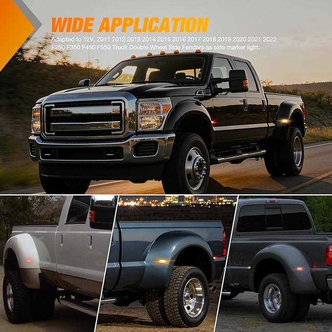 Nilight Wheel Fender Side Marker Lights 4 PCS 3 LED Red Amber Front Rear Fender Clearance Light Smoked Lens Plug And Play Compatible With 2011-2022 F250 F350 F450 F550 Super Duty