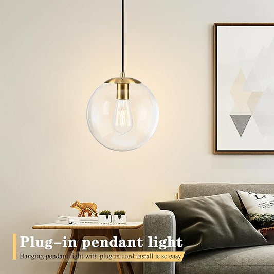 KoKo&Yukina 10" Globe Pendant Light Gold Plug in Pendant Light Adjustable Hanging Lights with Plug in Cord Brushed Gold Finished with Clear Glass Lampshade for Bedroom Kitchen Island(Bulb Included)