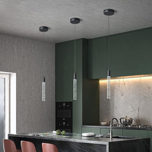 Modern Kitchen Island Pendant Light Dimmable LED Black Finish Mini Crystal Pendant Lighting Bedroom Bedside Table Small Pendant Lights(2-Pack)