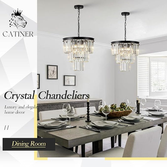 Modern Crystal Chandeliers 16" Small Black Pendant Light Luxury 3 Tiers K9 Crystal Ceiling Pendant Round Light Fixture 6-Light for Dining Room Entryway Kitchen Bedroom Closet