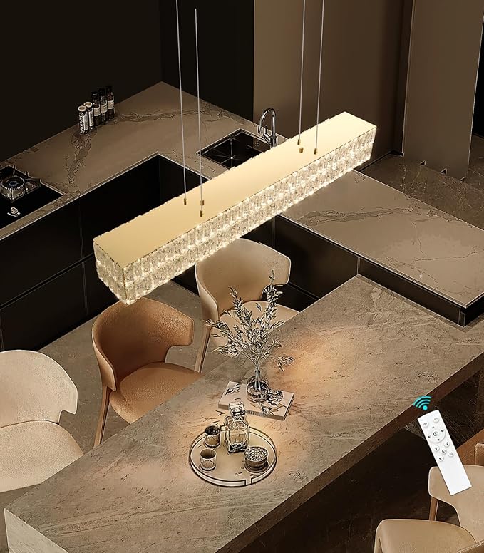 47 Inch Rectangular Crystal Chandelier Glam Dimmable LED Chandeliers for Dining Room Linear Pendant Light with Remote Control for Kitchen Island Gold