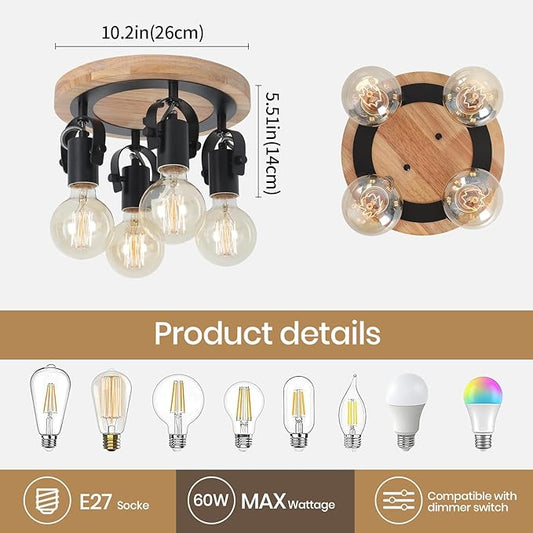 4-Light Round Flush Mount Ceiling Light,Adjustable Farmhouse Kitchen Track Light with Wood Base, Multi-Directional Dining Room Light for Island Hallway Entryway Bedroom.