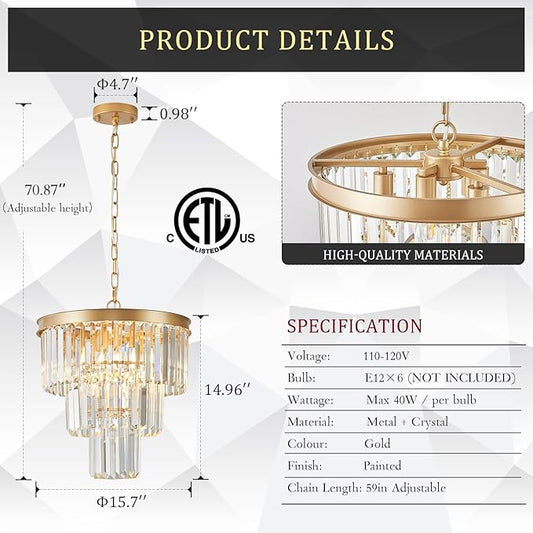 CATINER Gold Crystal Chandeliers 16" Modern 6-Light Small Pendant Light Luxury 3 Tiers K9 Crystal Ceiling Pendant Round Light Fixture for Dining Room Entryway Kitchen Bedroom Closet