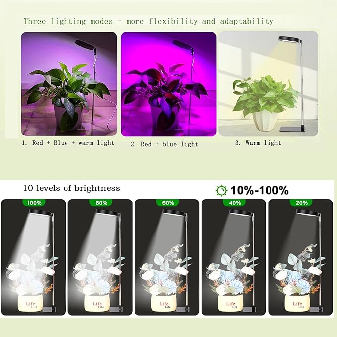 Indoor Plant Growth Lamp, Full-Spectrum 48-LED Indoor Plant Lamp, 3 Selectable Spectra, 3/9/12 Hours, 10 Brightness, Adjustable Height from 7 to 26 Inches