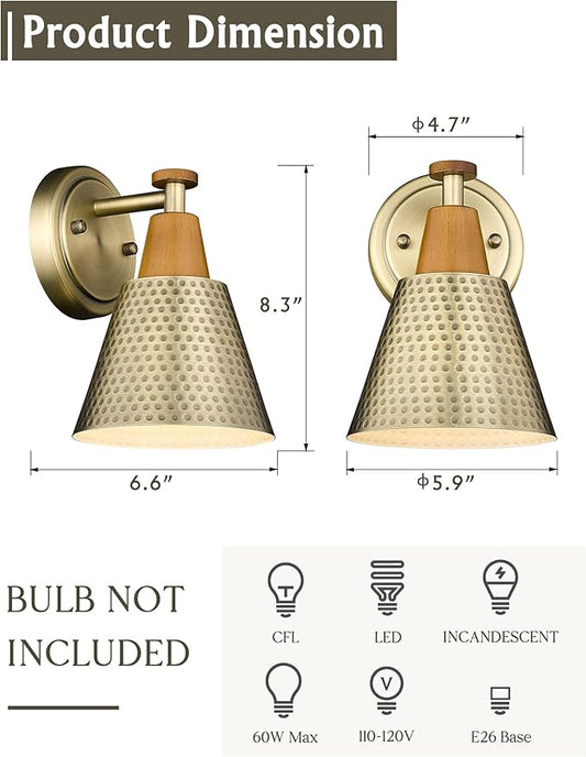 FEMILA Bathroom Light Fixtures 2 Pack, Gold Vanity Light with Hammered Metal Shade, 2-Lights Bath Wall Mounted Lights Wall Lamp for Mirror Kitchen Bedroom, 4FG59B-2 BG