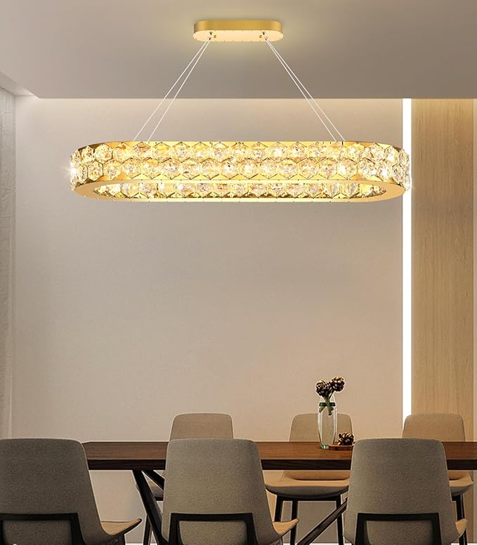 32'' Modern Oval Chandelier Crystal Chandeliers for Dining Room Round Ceiling Light Fixture for Living Room Lighting LED Dimmable with Remote Ring Lights Gold