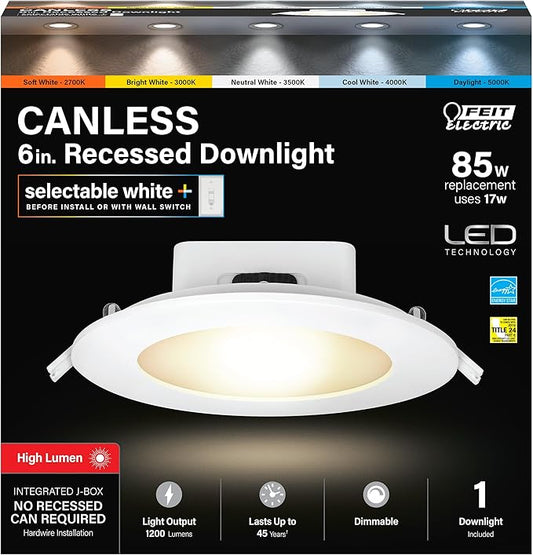 Feit Electric 6" LED Canless Recessed Downlights with Integrated Jbox, 85W Equivalent, Dimmable, 5CCT Selectable White, 90 CRI, 1200 Lumen, LEDR56HOJBX/6WYCA/4, 4 Pack