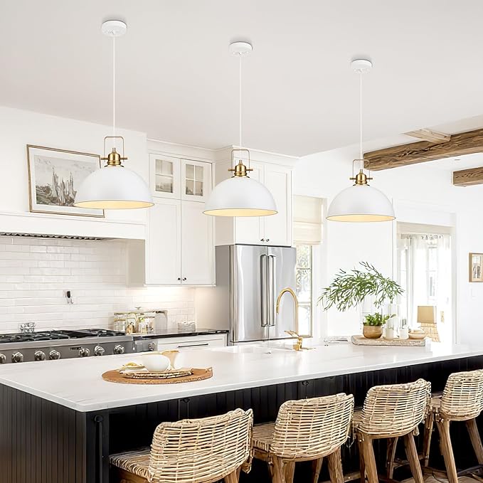 Farmhouse Pendant Light, 13.8" White Pendant Light Kitchen Island with Adjustable Cord, Vintage Dome Hanging Lights for Dining Room Cafe Bar Hallway Worktops, M, 2 Pack