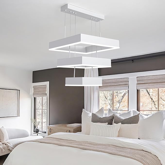 O'NEELDY Modern Chandelier White Pendant Lights Square LED Dining Room Light Fixture Height Adjustable Kitchen Island Lighting 3 Rings Flush Mount Chandeliers for Living Room,Bedroom,Dining Table