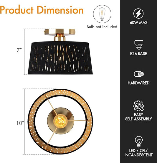 Modern Ceiling Light Fixture, 10 Inch Semi Flush Mount Lamp with Black Cut-Out Linen Shade, E26 Base, Gold for Kitchen Bedroom Hallway Closet Entryway Room Small Spaces