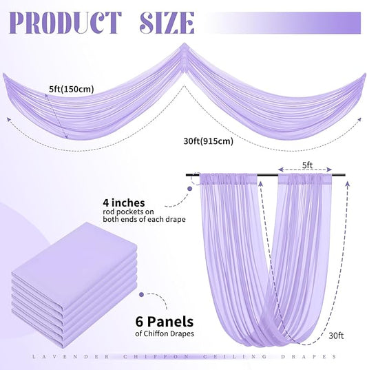 6 Panel Purple Ceiling Drapes for Wedding Arch - 5ft x 30ft Sheer Voile Chiffon Drapery