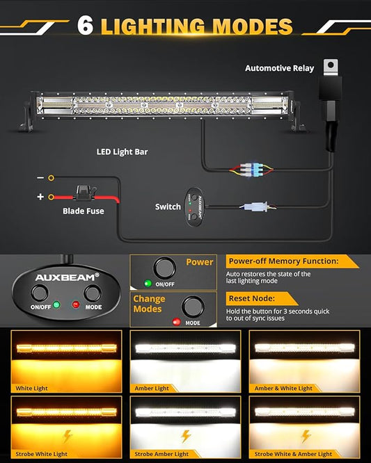 Auxbeam 30 Inch 180W LED Light Bar, 6 Modes Spot Flood Combo Offroad Lighting Amber White Strobe Fog Light, Memory Reset Function Waterproof Driving Work Light with Wiring Harness Kit