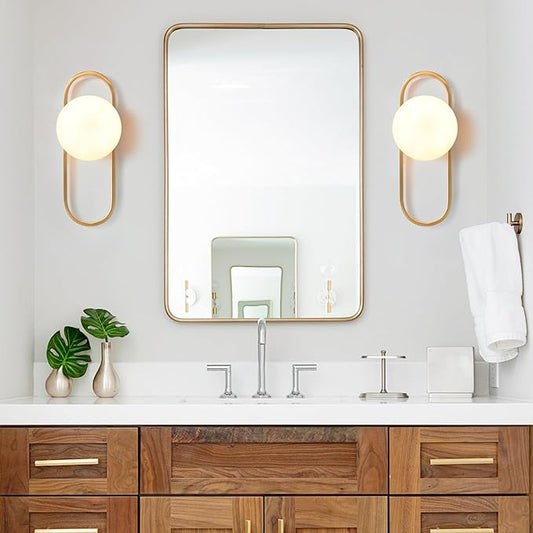 Bektas Gold Wall Lamp Sconces Set of 2 with White Globe Glass Shade - Living Room & Bedroom Wall Lights ETL Listed