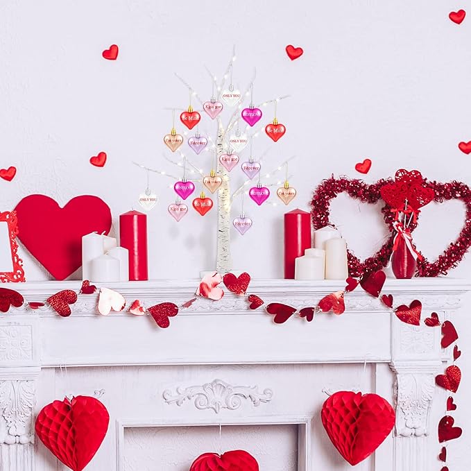 Fovths Valentine's Day Tree Decoration with LED Lights 21.7 Inch Tabletop Birch Tree with Timer Battery USB Powered with Valentine's Day Heart Ornaments for Home Valentine Wedding Decor
