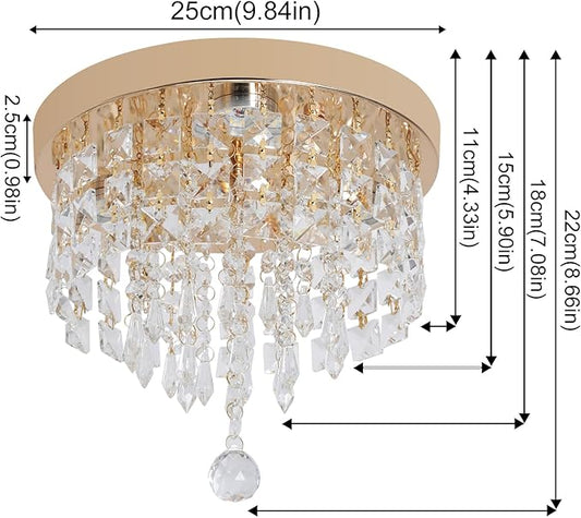 Deckrico Gold Crystal Chandelier Flush Mount Ceiling Light – Modern LED Lighting Fixture for Bedroom, Closet, Bathroom, Hallway – White Light