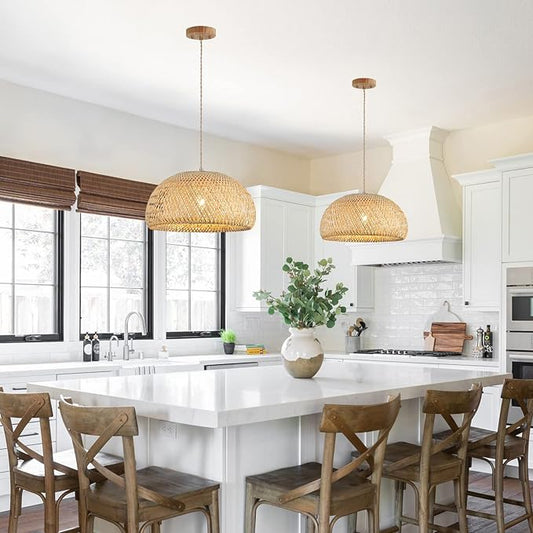 Bamboo Large Pendant Light Fixture 17.8 inch One-Light Adjustable Rustic Basket Handmade Woven Pendant Lighting for Kitchen Island Farmhouse Dining Room Living Room