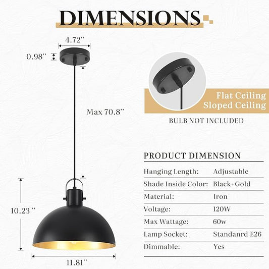 Black Pendant Light 2 Pack, 11.8 Inch Pendant Lights Kitchen Island, Dome Pendant Lights, Farmhouse Pendant Light for Kitchen Island, Dining Room, Living Room