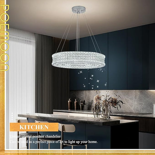 24’’ Crystal LED Chandelier 2-Tier with Remote Control Dimmable 3000-6500K Contemporary Luxury Chandeliers Modern Chrome Light Fixture for Dining Living Room Kitchen Island Foyer Entryway