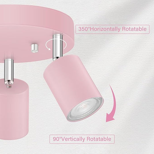 3 Light Track Lighting Fixtures Ceiling, Pink Round Directional Spotlight Fixtures, GU10 Flush Mount Ceiling Fixture, Adjustable Modern LED Track Light for Girl's Room, Bulb Not Included