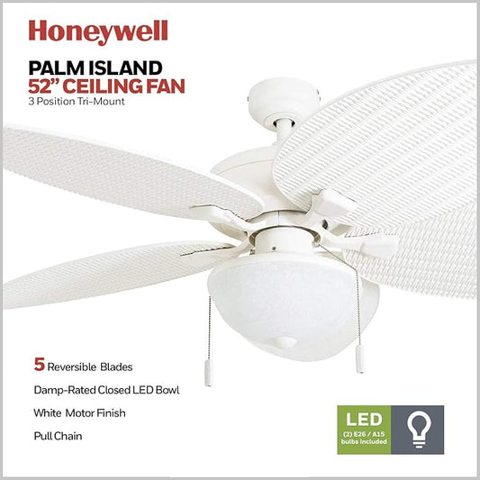 Honeywell Ceiling Fans Inland Breeze, 52 Inch Tropical Indoor Outdoor Ceiling Fan with Light, Pull Chain, Three Mount Options, Weather Resistant Blades - 50511-01 (White)