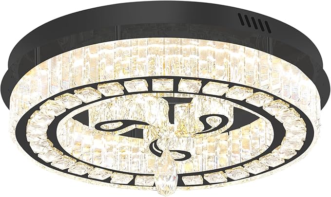 20'' Black Modern Crystal Chandelier LED Dimmable Flush Mount Crystal Ceiling Light for Living Room Bedroom Dining Room