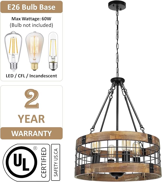 ACNKTZ Farmhouse Rustic Chandelier Light Fixture, 4-Light Round Hanging Pendant Lighting for Dining Room Entryway Kitchen Island Foyer Breakfast Area, Black Wood and Black Metal Finish