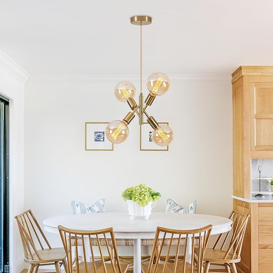 4-Lights Gold Chandelier Fixture Dining Room Light Fixture Over Table Mid Century Modern Chandelier Gold Sputnik Chandelier for Dining Room Living Room, Bedroom, Kitchen