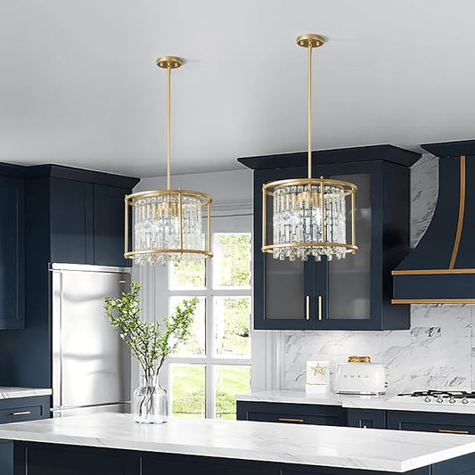 LMQNINE Modern Foyer Chandelier, Gold Crystal Chandelier Entryway Pendant Light Fixture, Round Adjustable Height Chandeliers for Kitchen Island, L15.74'' x H10.43''