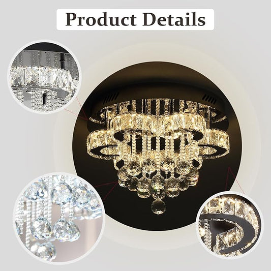 Flashing God 16" Small Crystal Chandelier LED Ceiling Light Fixtures Stainless Steel Flush Mount Ceiling Chandeliers Light for Bedroom,Foyer,Hallway
