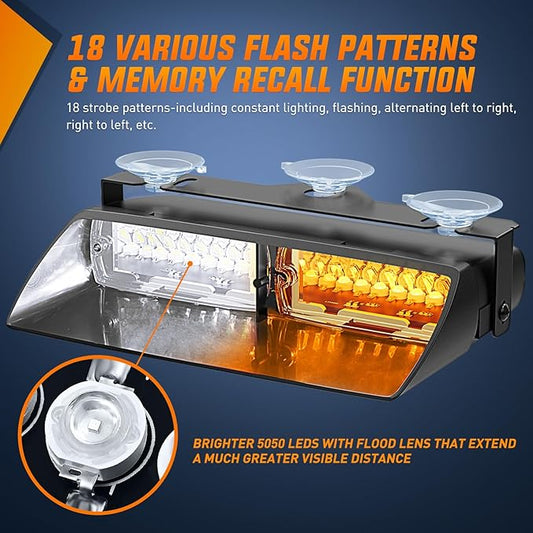 Nilight Emergency Strobe Lights Windshield Hazard Warning Safety Flash with Suction Cups Super Bright LED Light Amber White for Police Enforcement Firefighters Vehicle Truck