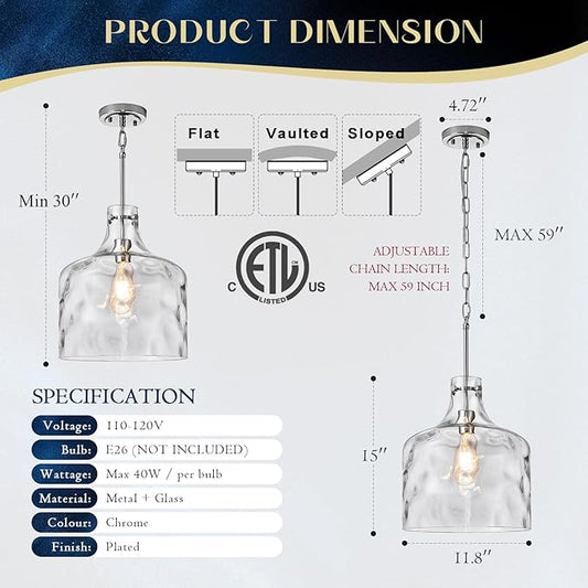 Farmhouse Pendant Light – Hand-Blown Clear Hammered Glass Shade, Chrome Finish, Adjustable Chain Hanging Fixture for Kitchen Island, Dining Room & Hallway, 15" H x 12" D